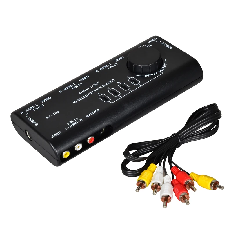 

4 in 1 Out AV RCA Switch Box AV Audio Video Signal Switcher Splitter 4 Way Selector with RCA Cable For Television DVD VCD TV