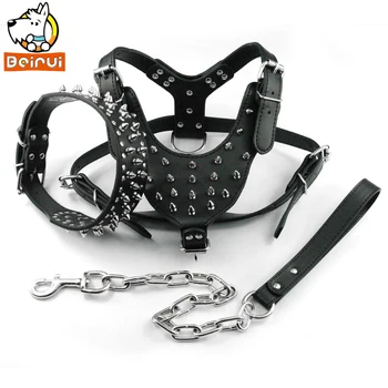 

7 Colors New Spiked Studded Leather Dogs Pet Harness&Collar&Leash Set Pink color