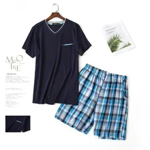 Летние мужские повседневные пижамные комплекты рубашка с v-образным вырезом и клетчатые шорты мужской хлопковый пижамный комплект Мужская домашняя одежда XL