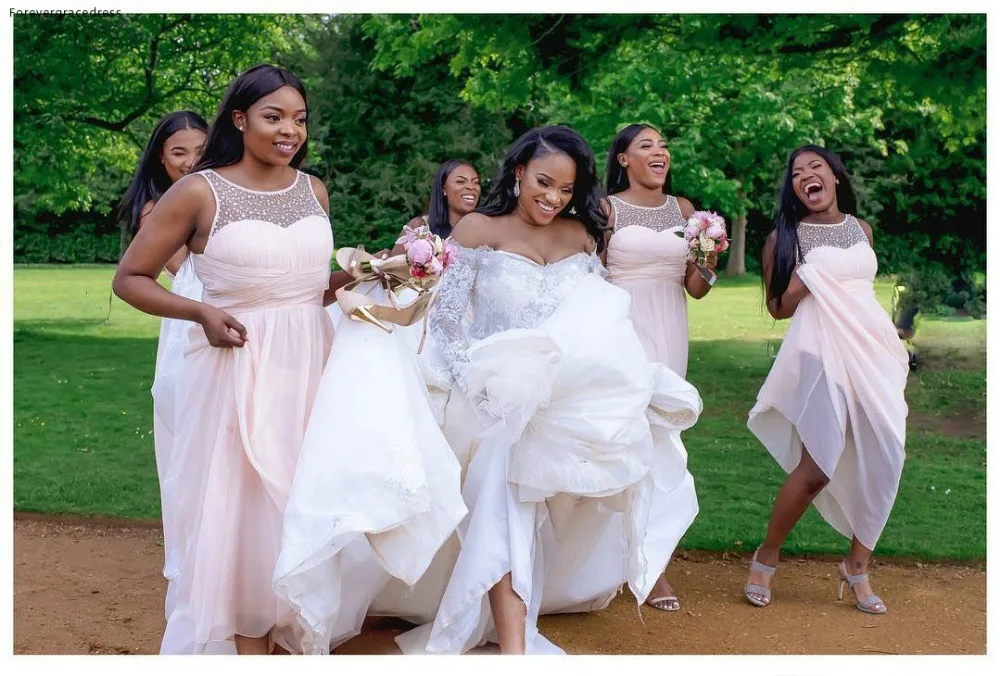 South African Pale Pink Bridesmaids Dresses Summer Boho Beach Garden Wedding Guest Party Dress Sheer Neck A Line Maid of Honor Gowns BM0378  96 (3)