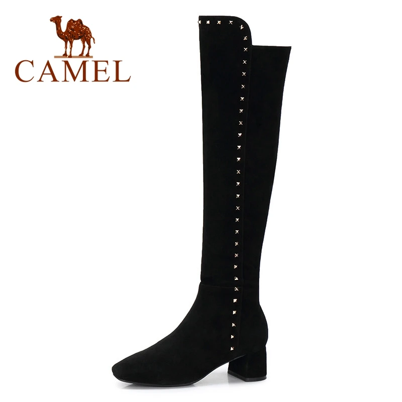 

CAMEL Winter Over The Knee Boots for Women Casual Shoes Ladies High Heel Lace Fabric Thin Leather Long Boots Platform Wild Shoes