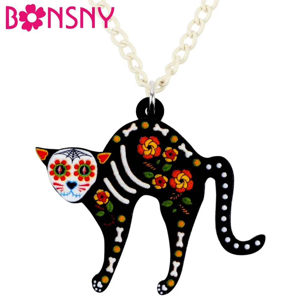 Bonsny Acrylic Elegant Halloween Floral Cat Necklace Pendant Collar