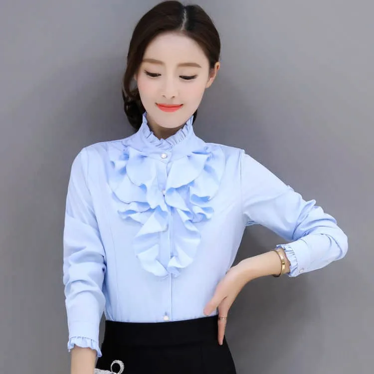 

Plus Size 5XL New Spring Autumn Women Blouse Sweet Shirt Long Sleeve Mesh Ruffles Blouses Sexy Lady Slim Elegant Blusas Tops