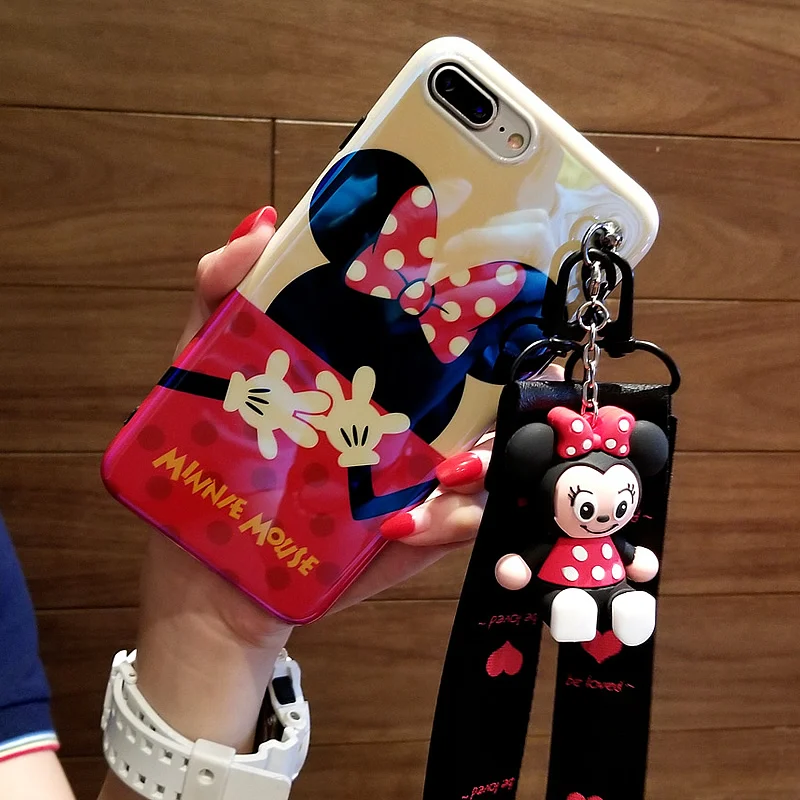 

For iPhone 8 plus blue light case Mickey cover for iPhone X 8 6 6s plus minnie case for iPhone 7 plus + 3D holder + strap