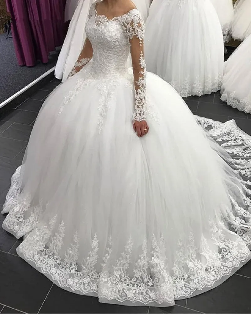 2019 Elegante Lange Mouwen Trouwjurken Lace Baljurk Tulle Prinses Libanon Bruidsjurken Plus Size robe de mariee 2019 Elegante Lange Mouwen Trouwjurken Lace Baljurk Tulle Prinses Libanon Bruidsjurken Plus Size robe de mariee