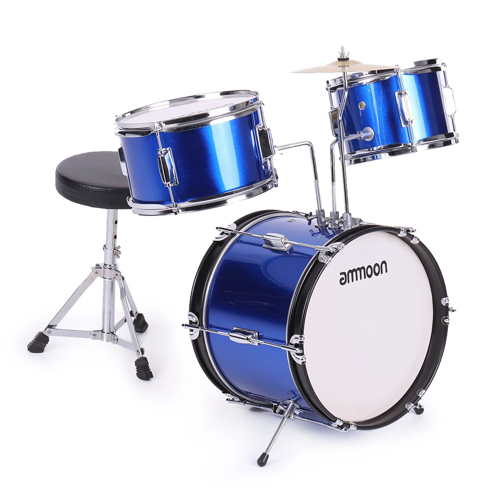 Ammoon 3-Piece Drum Kit Дети Junior Drum Set ударный музыкальный инструмент с тарелки барабанные палочки регулируемый стул - Цвет: blue