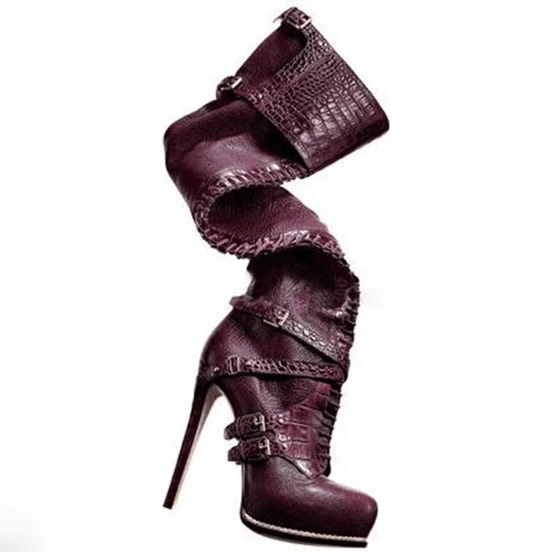 

2015 Newest Design Round Toe High Platform Thigh High Women Boots Soft Leather Buckle Decoration Knee High Boots