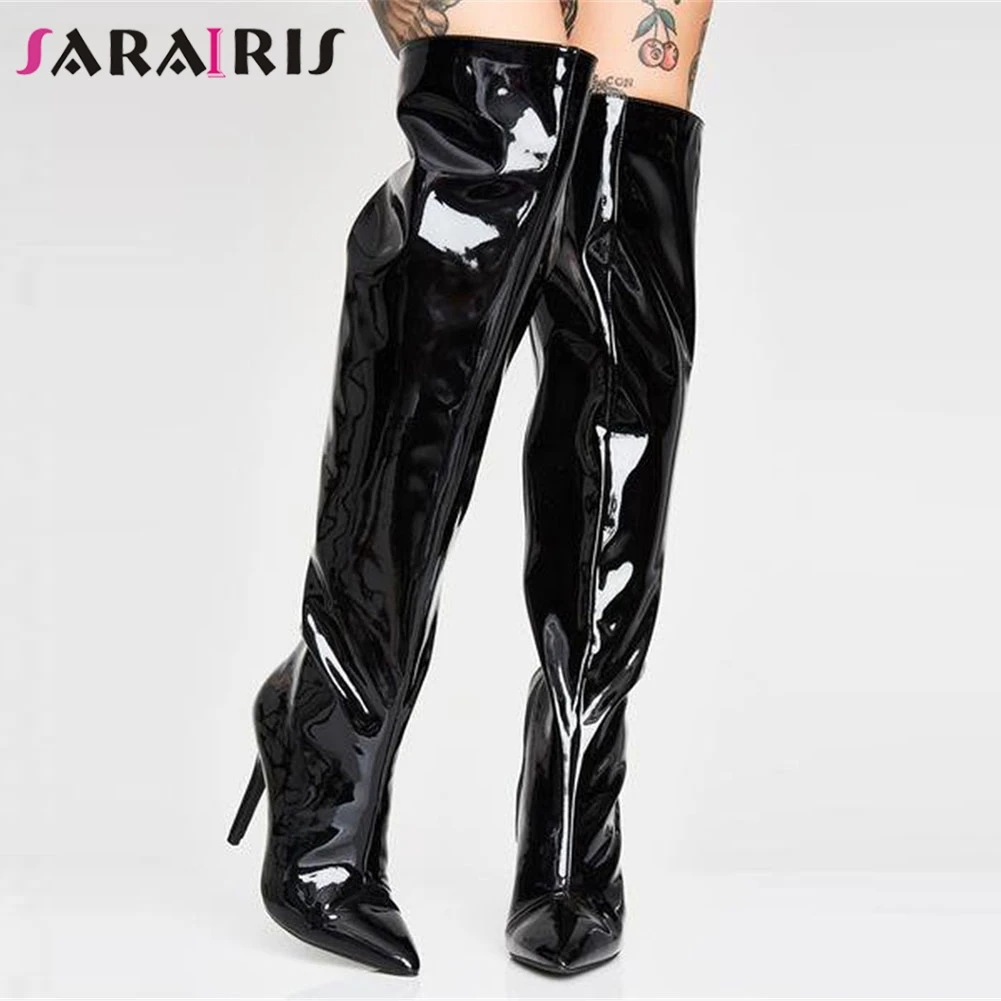 

SARAIRIS New Plus Size 48 Patent Pu Leather Over The Knee Boots Pointed Toe Lady High Heel Shoes Woman Party Sexy Evening Boots