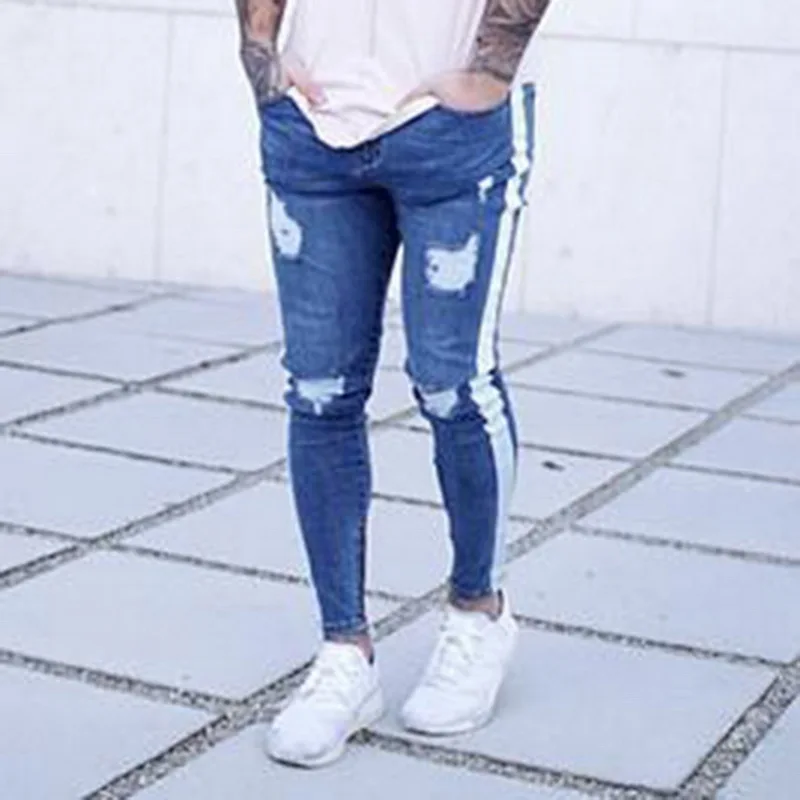 NIBESSER облегающие мужские джинсы эластичные узкие брюки уличные рваные колени рваные джинсы мужские хип-хоп полосатые эластичные узкие джинсовые брюки