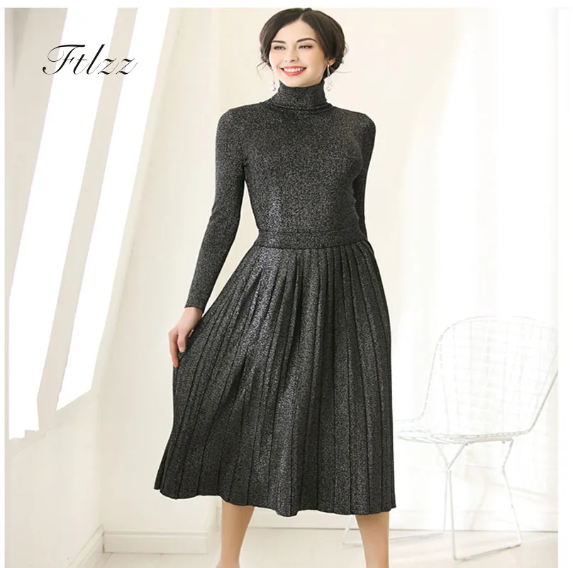 Günstig Neue 2018 Auutmn Winter Zwei Stück Sets Frauen Elegante Rollkragenpullover + Plissee Rock Twinset Anzüge Frau Gestrickte 2 stücke set