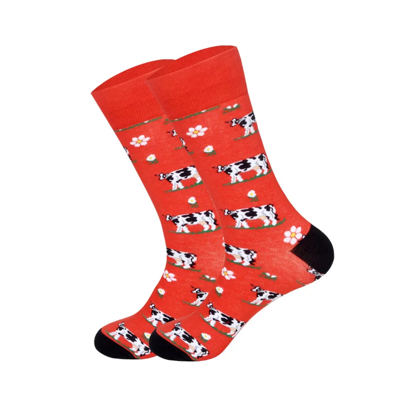 28 цветов, носки с изображением животных, овцы, коровы, быка, зебры, оленя, обезьяны, млекопитающих, брендовые Дизайнерские Длинные носки для мужчин - Цвет: Red cow