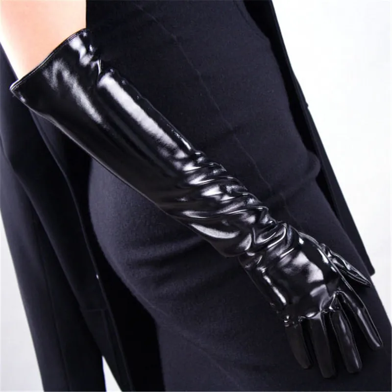 Long Style Patent Leather Gloves Woman Imitation Genuine Leather 50cm Bright Black With Lined Elegant Female Mittens Cosplay P28