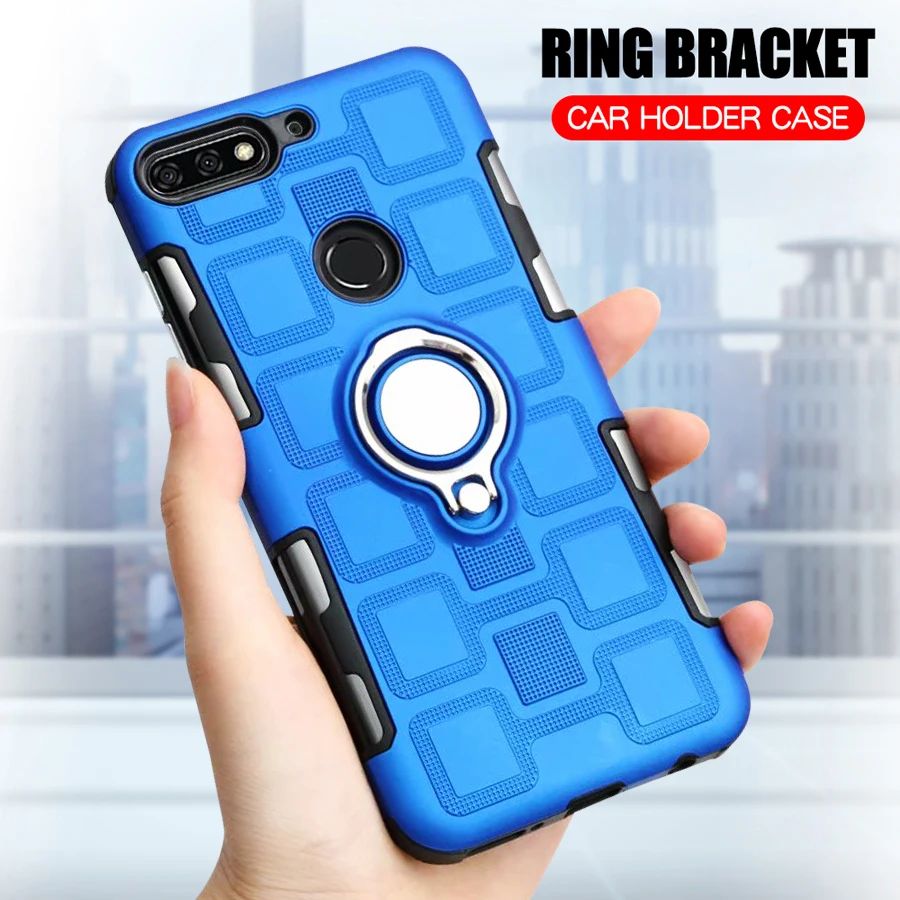 

Shockproof Case For Huawei Y7 2018 Silicone Armor Phone Case For Huawei Y7 Prime 2018 Ring Stand Hard Back Cover Luxury TPU Case