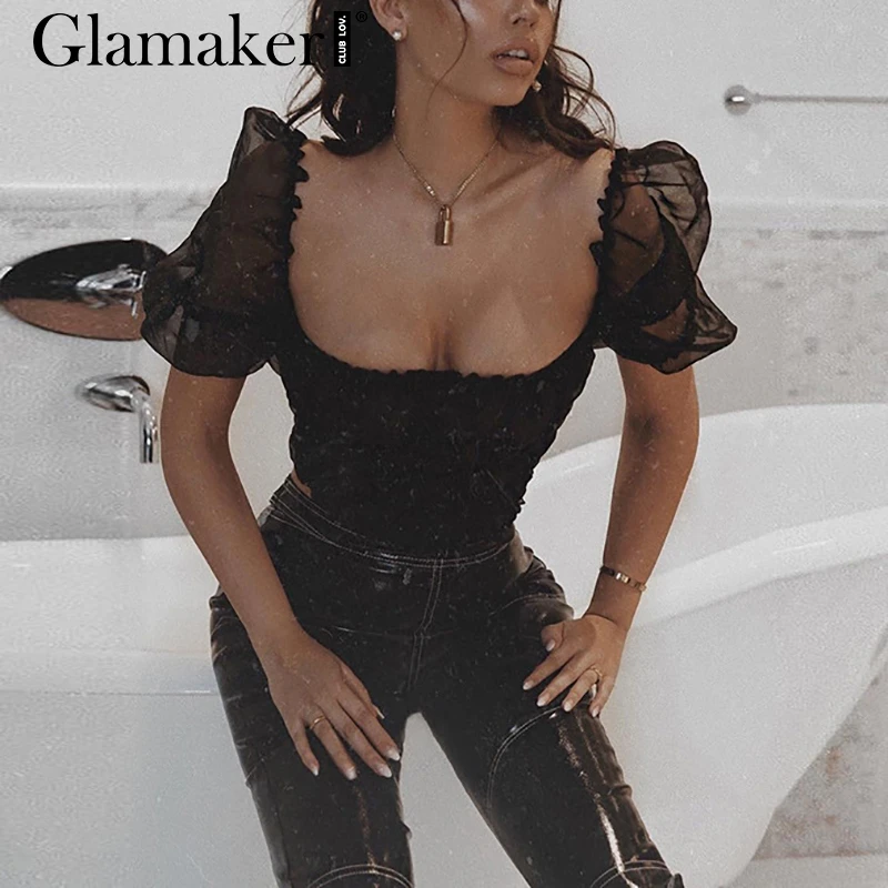 Женский топ с рукавами фонариками Glamaker черный сетчатый рюшами и квадратным