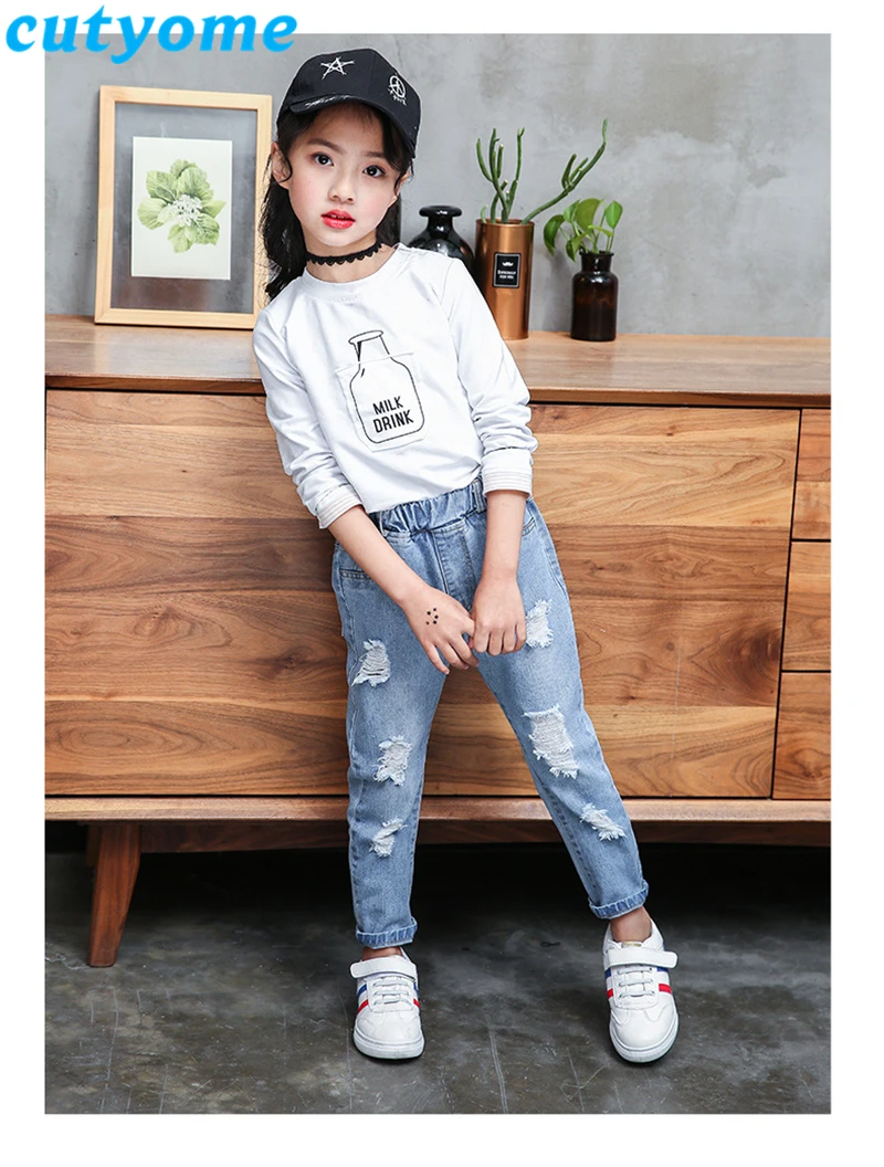 Для девочек-подростков рваные джинсы 2019 Мода прямой максимальной длины детские джинсовые штаны Демисезонный джинсы для маленьких девочек