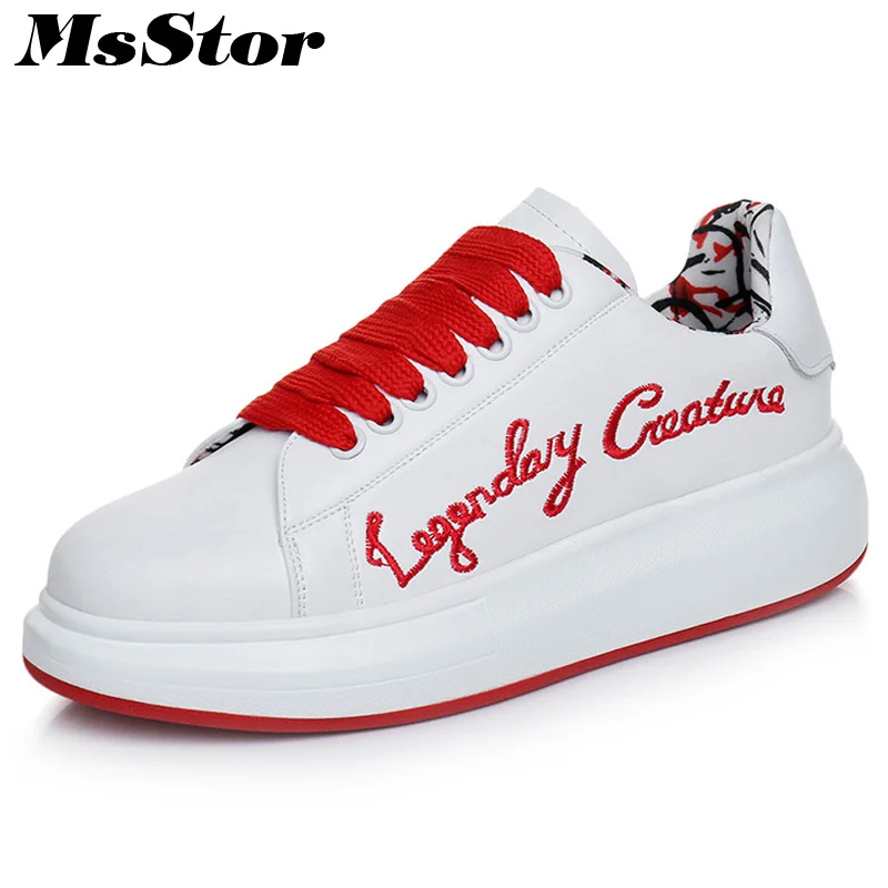 

MsStor Round Toe Cow Leather Women Flats Casual Fashion Ladies Mixed Colors Flat Shoes 2018 Spring Embroider White Women's Flats