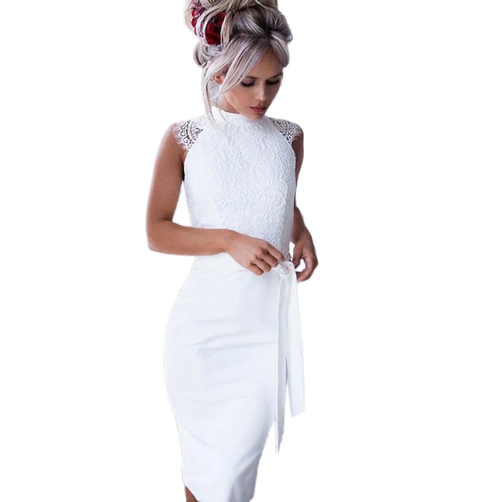 Women Dress Women Slim Summer Lace Stitching Sleeveless Dress Princess Dress With Belt Women Elegant Solid Evening Party Dress