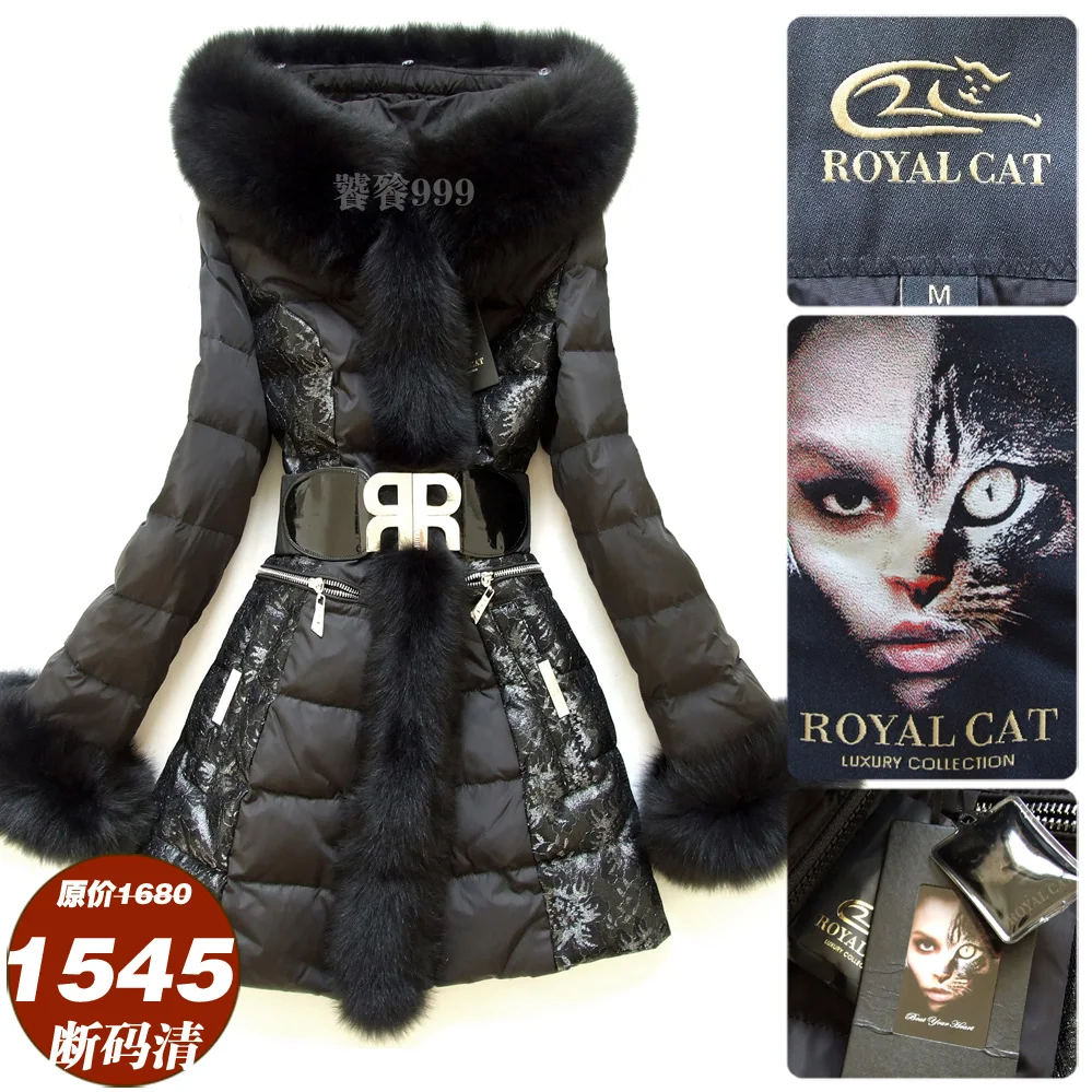 Long ! royal cat metal lace black slim medium long down coat femalein