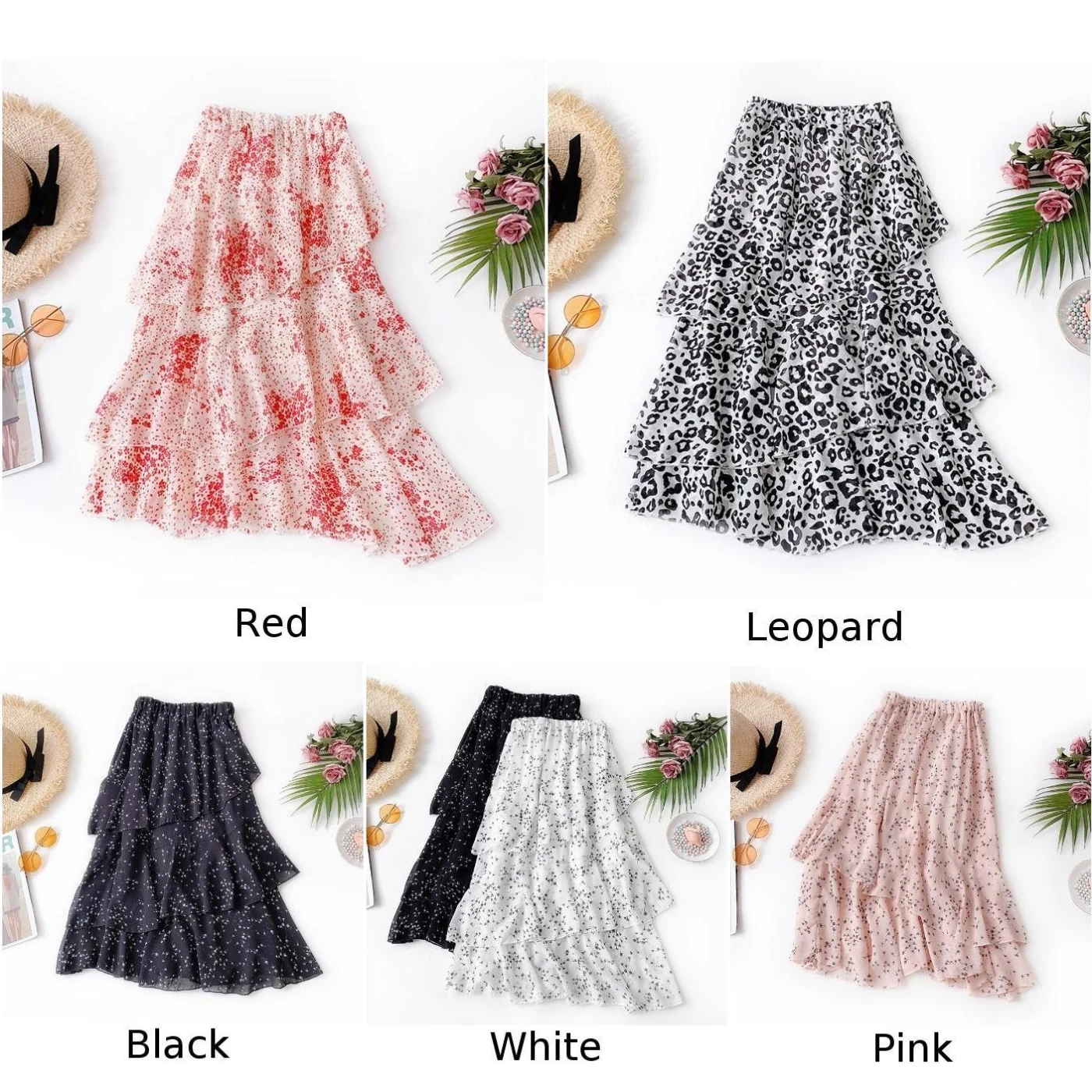 Women Skirt Summer Chiffon Skirts Layered Printed Ruffled Holiday High Waist Stylish Midi Sweet Skirts