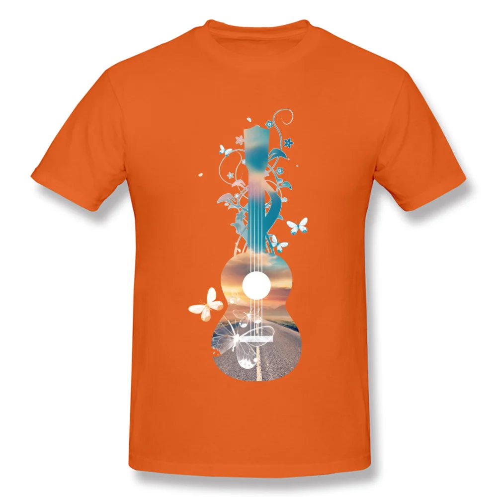 Printed On Casual Father Day Cotton Fabric Crewneck Men's Tops T Shirt Gift T Shirt Funny Short Sleeve T-Shirt Open road ukulele sunset dream butterflies orange