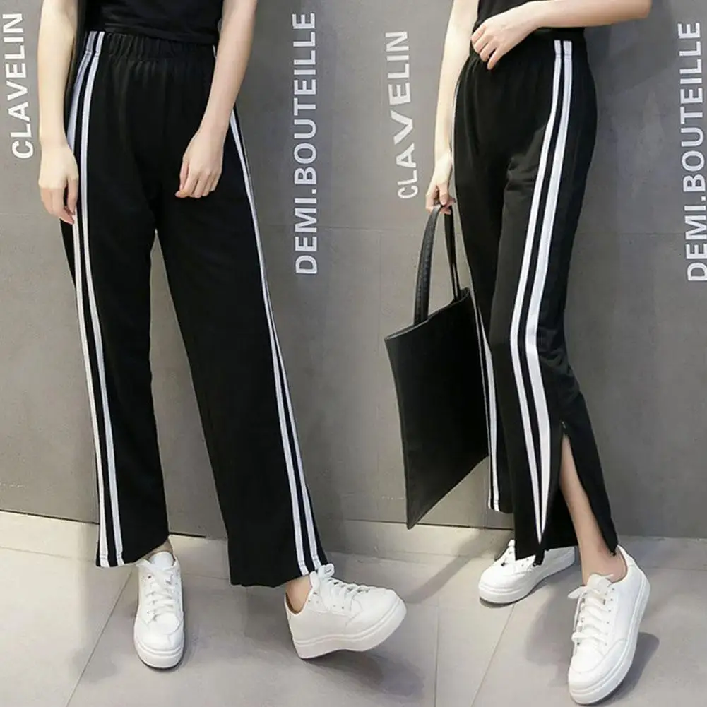 

DSstyles New Arrival Women Cut off Split Side Long Pants Fashion Buttons Wide Leg Jogger Pants Fashion Casual Trousers