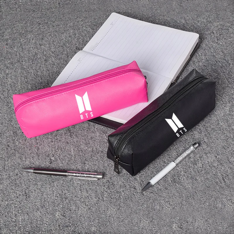 

Concise solid color BTS Pencil Case for Girls PU leather Pencilcase bag school Supplies Creative kawaii stationery wholesale