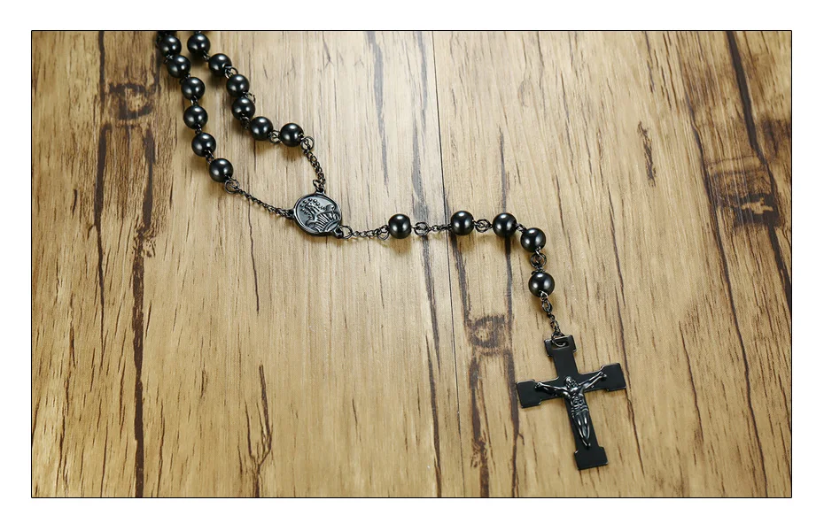 Meaeguet 76cm Chain Black Stainless Steel Bead Chain Rosary Jesus Christ Cross Pendant Long Charm Necklace For Men (4)