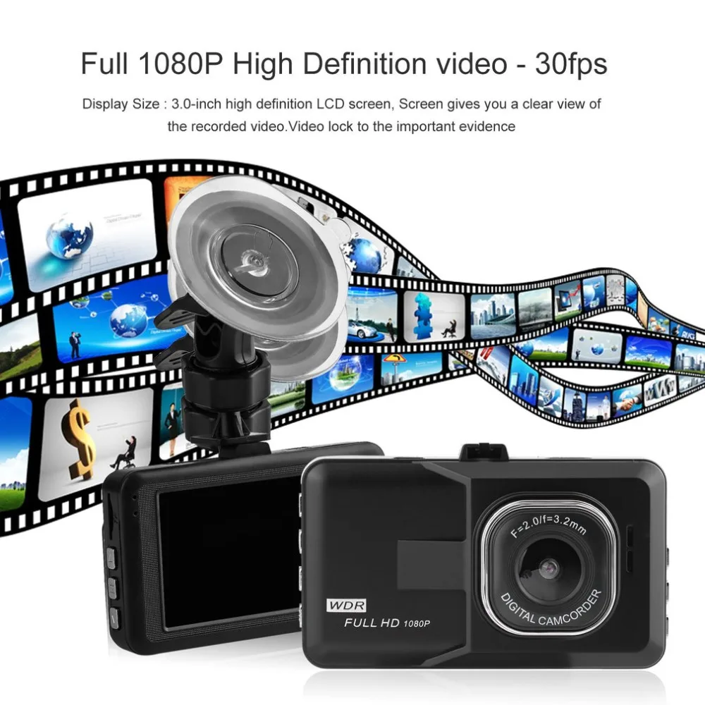 3.0 inch LCD Dash Camera Video Car DVR Recorder Full 1080P HD G-Sensor 32GB Motion Detector Cycle Recording 120 degree