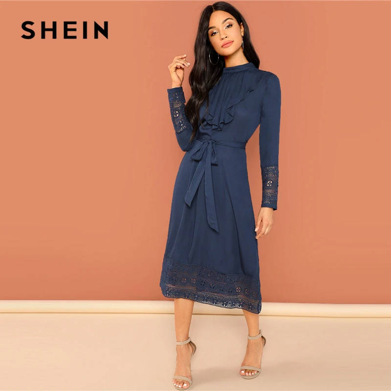 SHEIN Платье С Гипюровой Отделкой И Поясом Миди Слатье Воротником Стойкой Длинными
