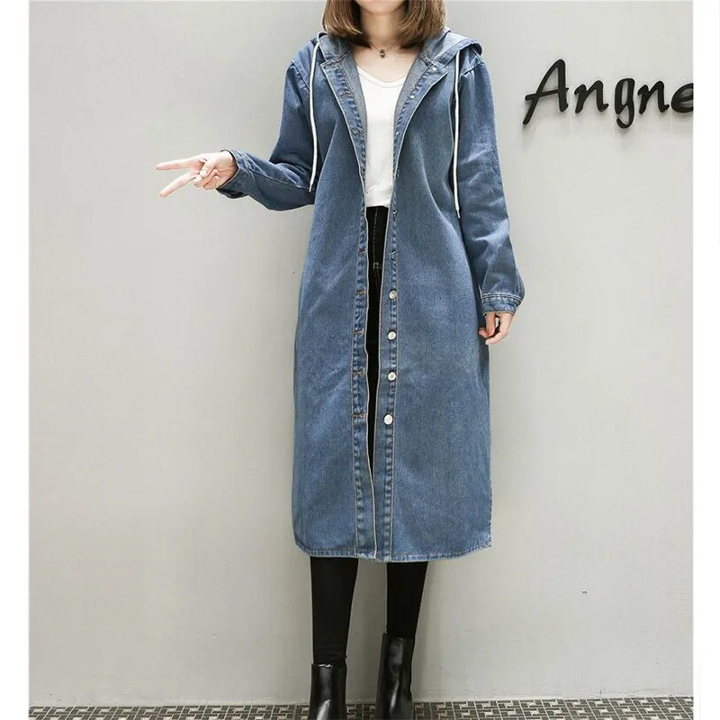 Tranchée Taille vent Oversize Coupe Capuchon À Longue Blue Manteau 2018 Jeans Féminine Plus Automne Mode Pardessus Femmes Femelle Denim La 0RE7dw