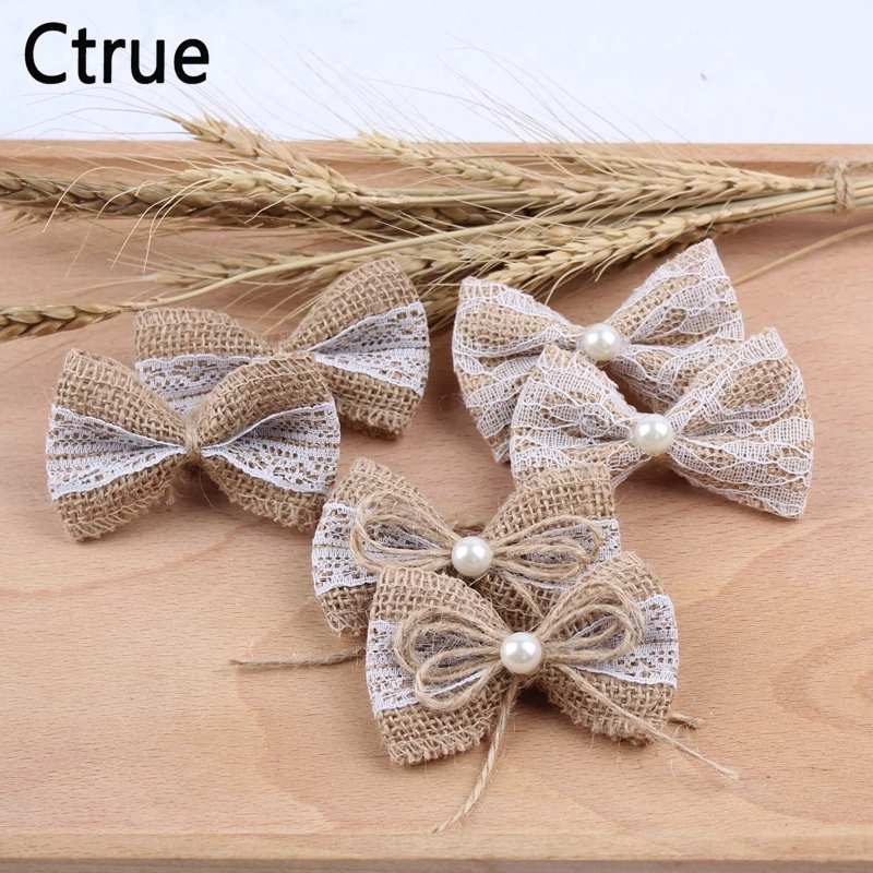 

10pcs Natural Jute Burlap Hessian Bowknot Handmade Pearl Bow white Trim Lace Vintage Wedding Decoration Hair Bow Hat Craft