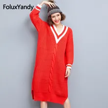 V Neck Autumn Sweaters Plus Size Women Knitting Long Sweaters Blue Red Casual Pullovers MMHH670oil