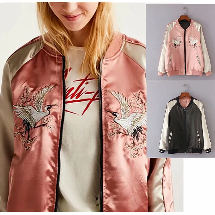 Komsomlsk V402 Bomber Jacket Womens Coats Embroidery Stand Collar Zipper Fall Jackets Women 