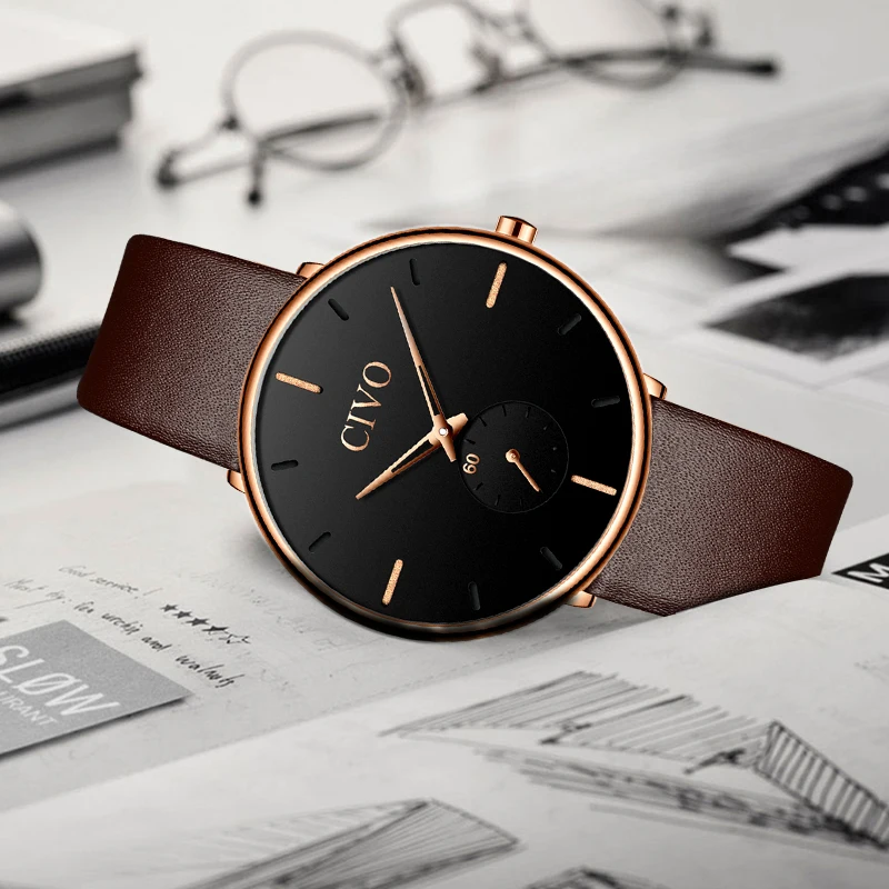 Men Watch CIVO Fashion Slim Leather Strap Minimalist Wrist Watches Mens Waterproof Business Quartz Watch Clock Relogio Masculino