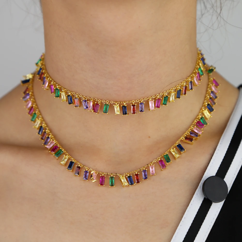 Позолоченное разноцветное багет Радуга CZ чокер Очаровательное ожерелье для женщин леди вечерние подарки трендовые великолепные элегантные ювелирные изделия