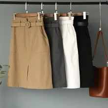 Модные юбки с поясом, элегантная юбка с завышенной талией и разрезом, тонкие юбки с карманами