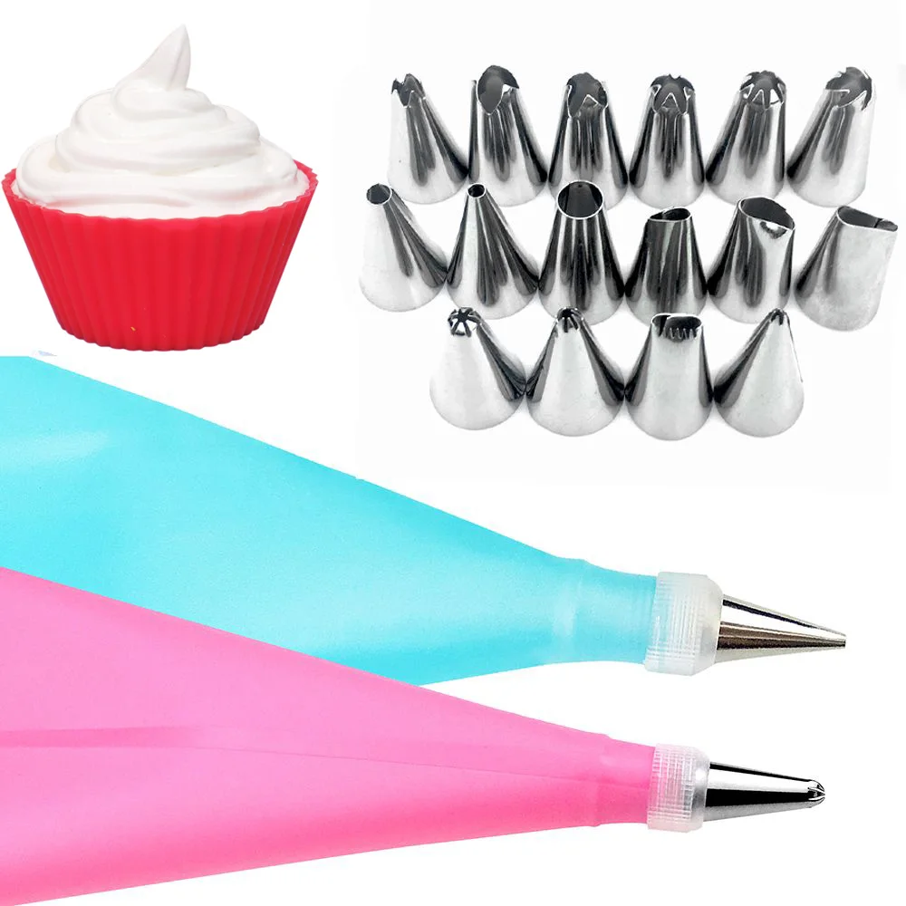 

20f# 18PCS/SET DIY Silicone Icing Piping Cream Pastry Bags + 16PC Nozzle Set Cake Decorating Tools+1PC Converter Coupler