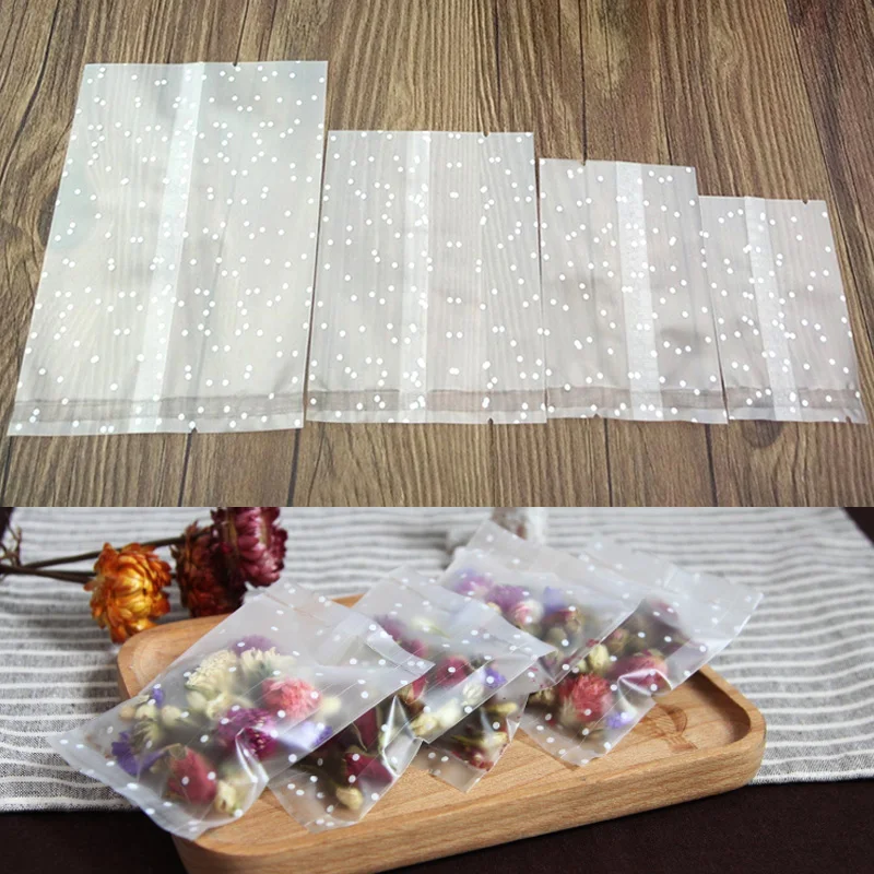 

300pcs Open Top White dotted Semi-transparent matte Plastic Pouch Heat seal Gift packaging Bags for cookies candies