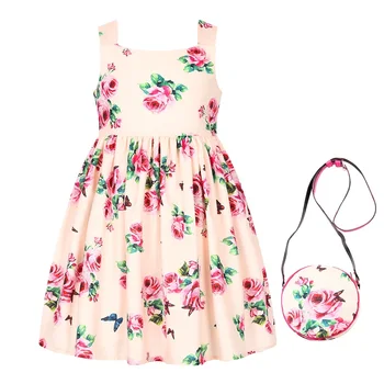

Girls Dress Summer 2017 Brand Toddler Dress with Bag Girls Princess Dress Floral Printing Robe Princesse Fille Kids Costumes