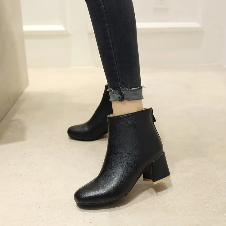 

Big Size 11 12 13 14 15 Ma'am Short boots Pure color Square head Fashion boot barrel High heel boots