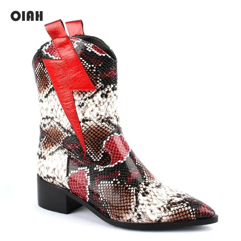 OIAH Motorcycle Boots For Women Winter Fashion Shoes Pointed Toe Slip On Ankle Boots Snake Skin Combat Boots Ladies Shoes