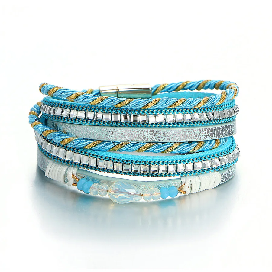 

Magnetic Buckle Multilayer Blue Woven Rope Chain Wrap Leather Bracelets Bangles With Crystal Beads Bracelets For Women