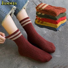 Повседневные полосатые зимние носки с двумя полосками женские теплые вязаные толстые шерстяные однотонные отвороты носок средней длины милые женские носки