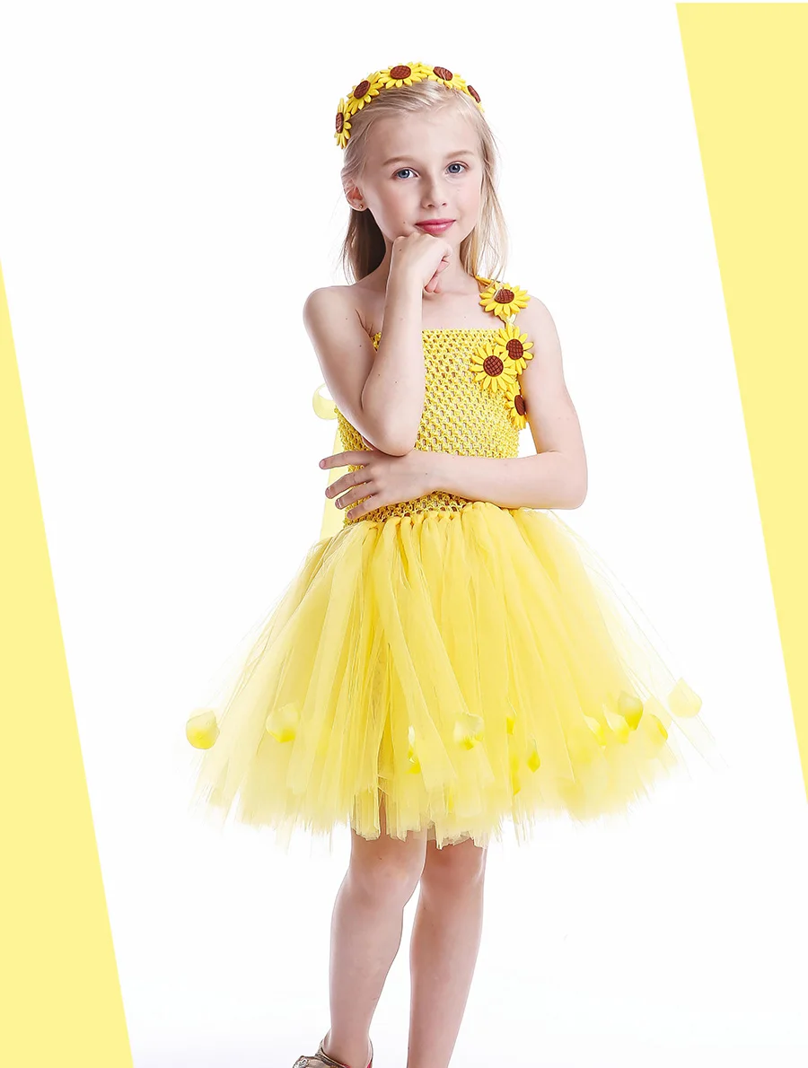 Sunflower Girls Tutu Dress with Headband Petals Embellished Princess Tulle Dress Children Birthday Party Performance Clothes (2)