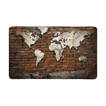 

Grunge Concrete World Map on Old Brick Wall Indoor Doormat Non Slip Front Entrance Door Mat Rug