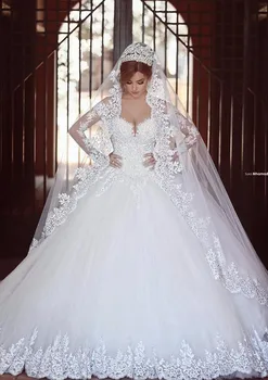 

Long Sleeves Arab Ball Gown Wedding Dresses 2019 Beaded Sheer Back Sexy Long Train Bridal Gowns With Long Veil vestido de noiva