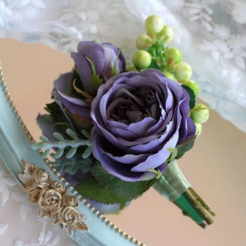 

10pcs/lot purple peony bride wrist flower Bridesmaid Corsages with flower