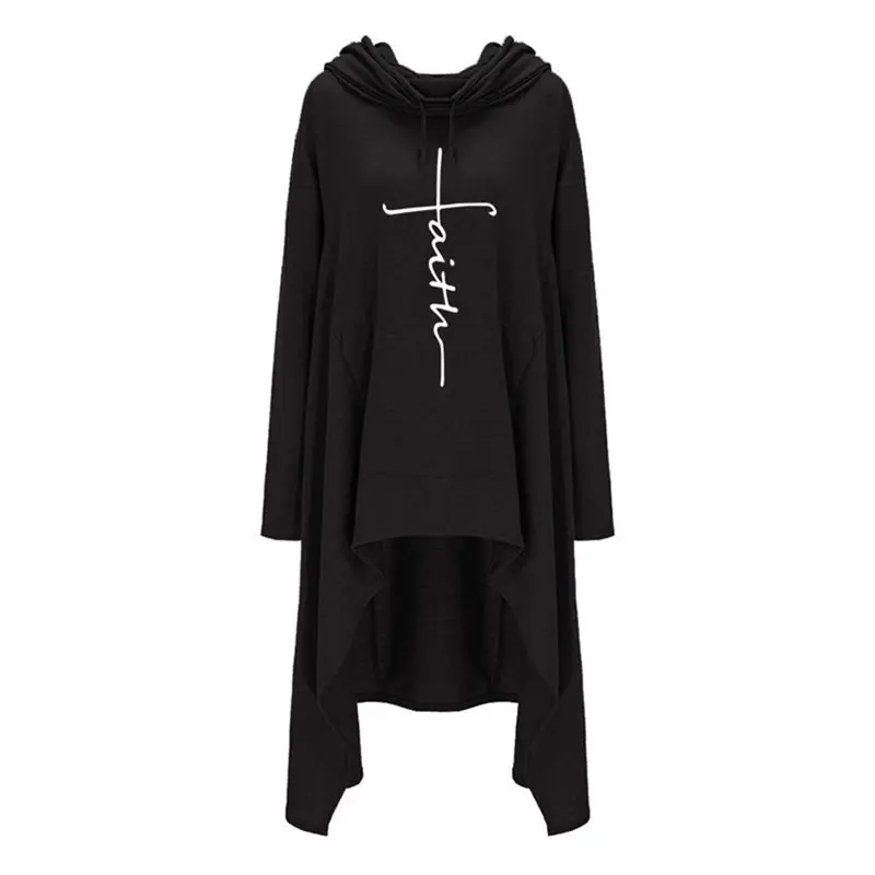 2019 Fall Gothic Plus Size Black Casual Women Long Hoodies Loose Hooded Pocket Print Gray Tops Office Ladies Female Sweatshirts