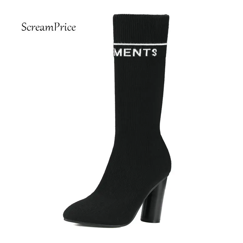 

Ladies Knitting Square Heel Comfort Sock Ankle Boots Fashion Pointed Toe Autumn Shoes Black Red White