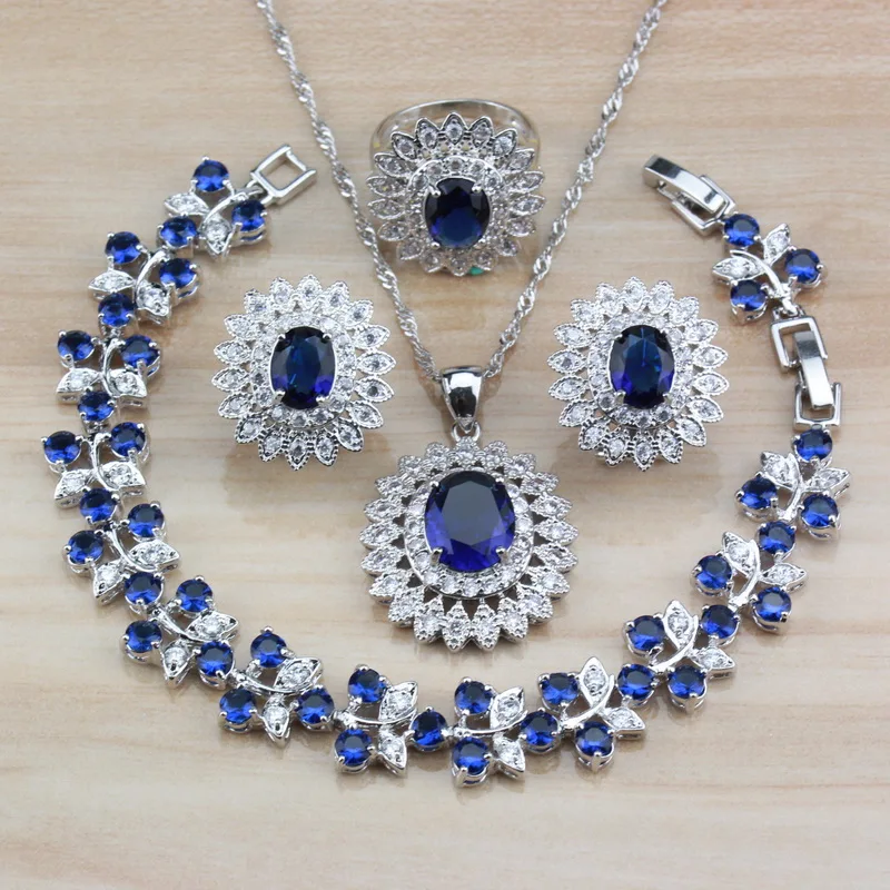 

New Costume 925 Sterling Silver With Natural Stones CZ Blue Big Jewelry Sets Clip Earrings/Necklace/Bracelet/Ring For Women